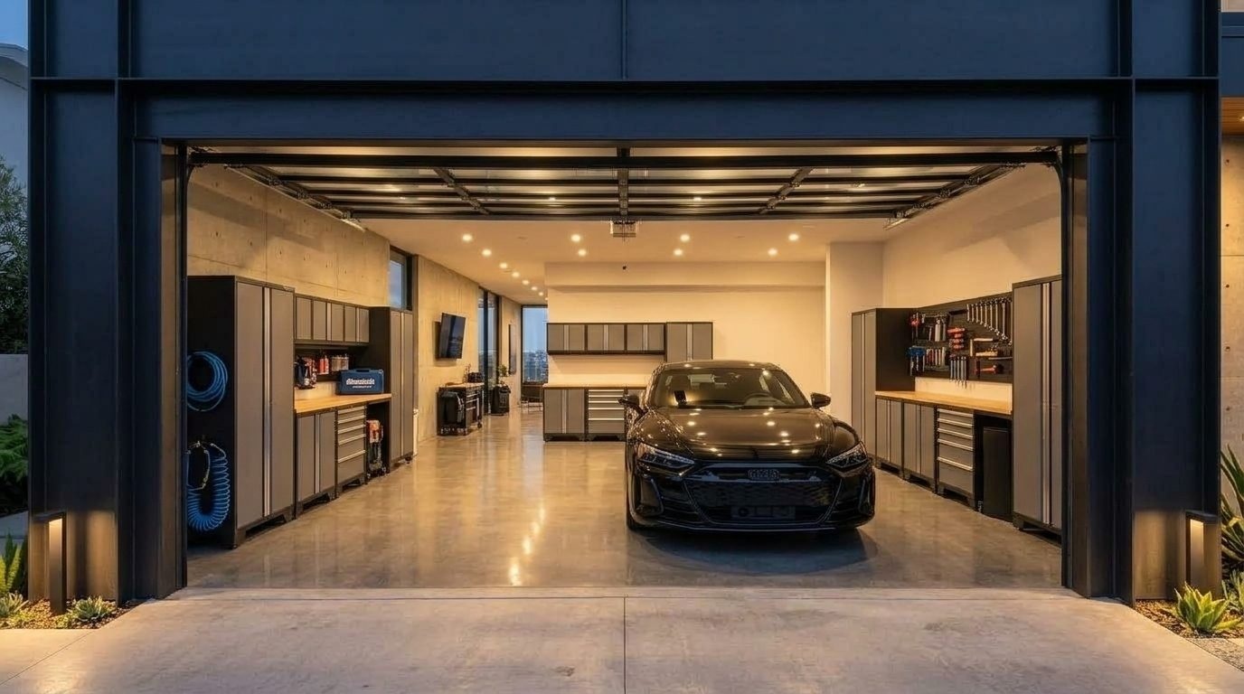 Stewart Garage Door Repair Interior View of Custom Garage Door Overhead and Workshop